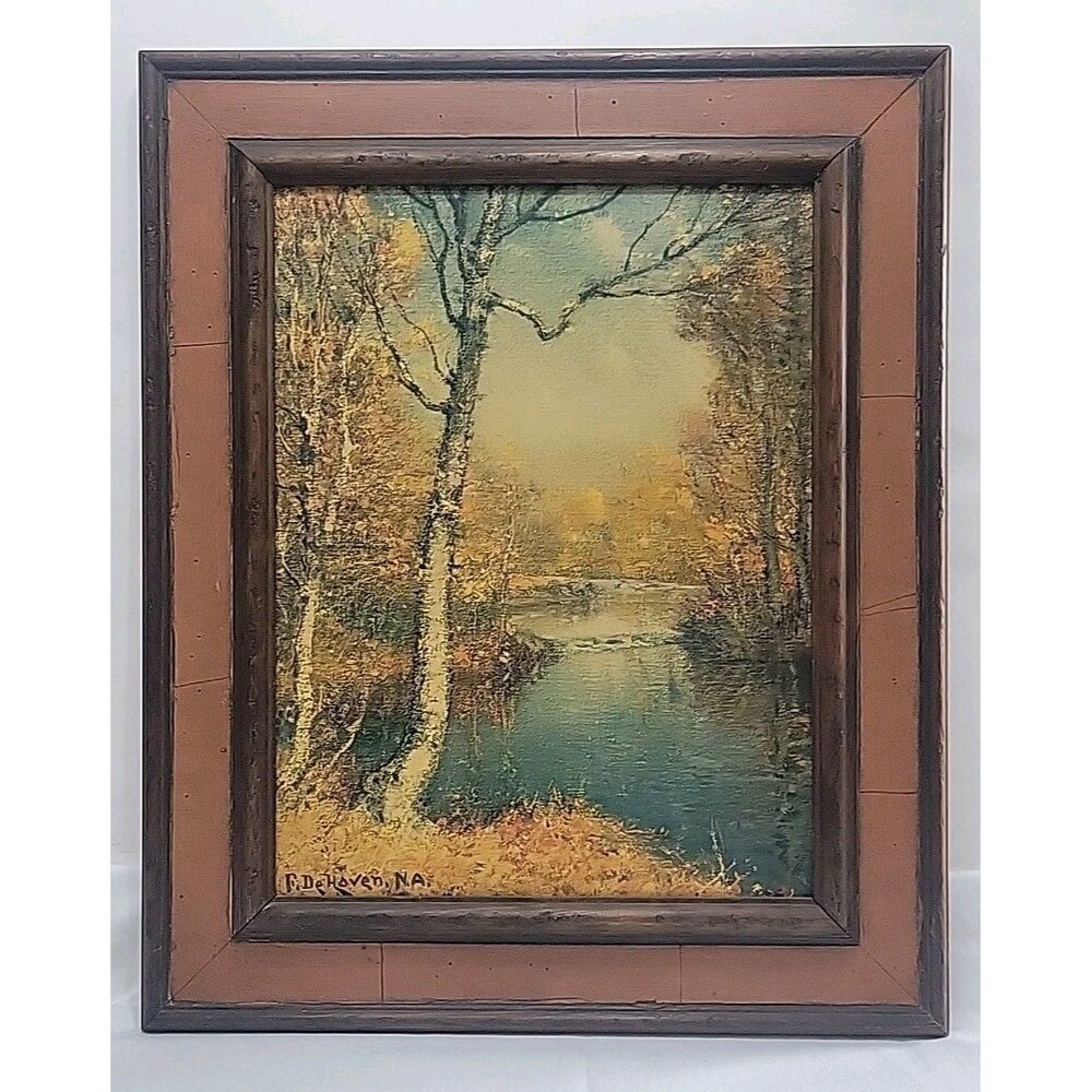 Vintage F. DeHaven N.A. Framed Print Signed Black Carriage House Trout Stream